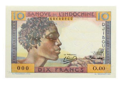 DJIBOUTI 
Spécimen perforé en diagonale, non daté (type 1946) du 10 Francs de R....