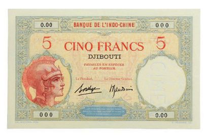 DJIBOUTI 
Spécimen perforé, non daté (type 1921) du 5 francs de Ch. Wahlain. KM ...