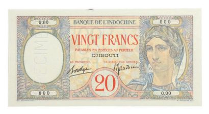 DJIBOUTI 
Spécimen non daté du 20 Francs au paon de Clément Serveau de couleurs bleu,...