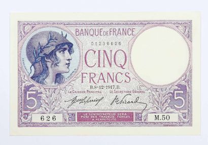 BANQUE DE FRANCE 
5 F violet type 1917 du 8/12/1917, F3/1. 
Q. neuf