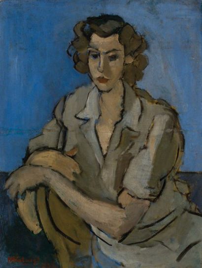 Henri H. CATARGI Jeune femme assise sur fond bleu 1937 huile sur toile signée et...