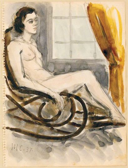 Henri H. CATARGI Femme au rocking-chair 1937 aquarelle sur papier signé et daté en...