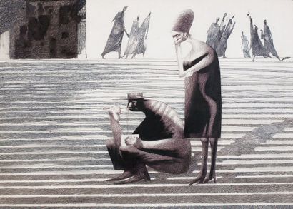 Jules PERAHIM Le repas sur les marches (c. 1960) dessin à l'encre noire et bleue...