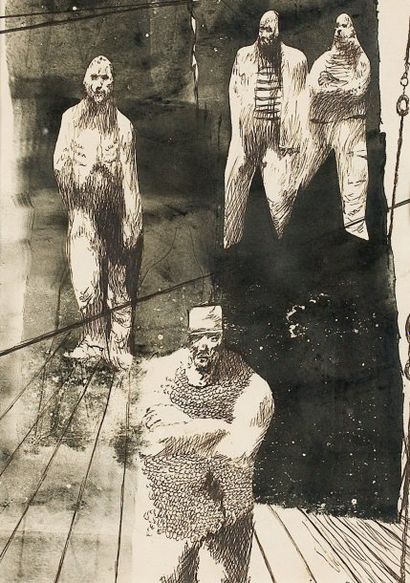 Jules PERAHIM Quatre marins (c. 1960) dessin à la plume et au lavis d'encre noire...