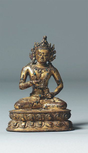 null Statuette en bronze doré représentant Vajrasattva assis en padmâsana sur un...