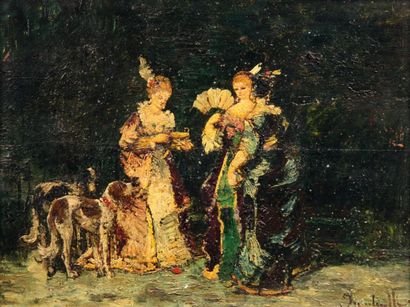 Adolphe MONTICELLI (1824-1886) Trois élégantes aux deux chiens Huile sur panneau,...
