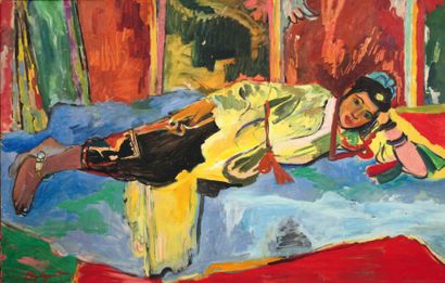 Edouard Edy LEGRAND (1892- 1970) Marocaine étendue sur un lit Huile sur isorel, signée...