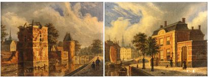 A. WYNANTZ (1795-1848) Deux vues de canaux à Amsterdam Huiles sur panneaux, l'une...