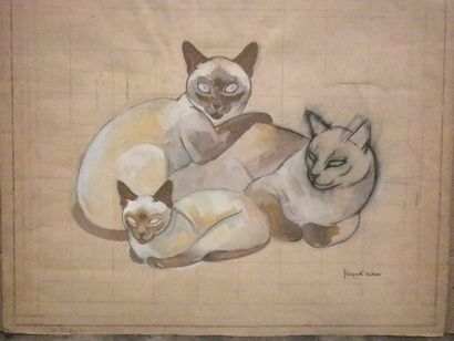 null Trois chats couchés Dessin avec mise aux carreaux et gouache, signé en bas à...