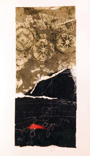 Antoni CLAVE (1913-2005) Monotype, encre et collage, 1976. 30 x 13.5 cm (Déchirure...