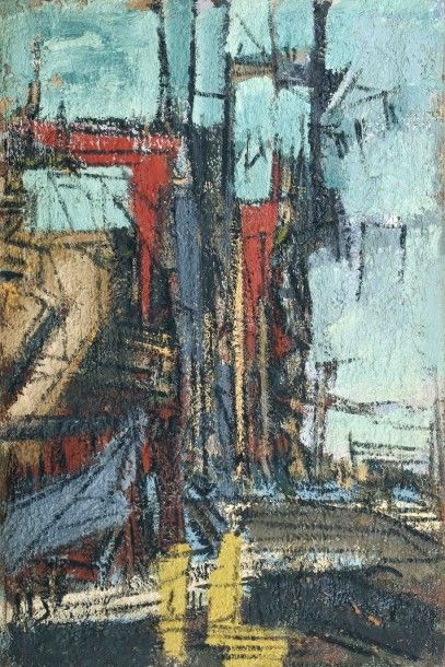 Jean BESNARD (1922-2007) Composition verticale: le chantier naval
Huile sur isorel...