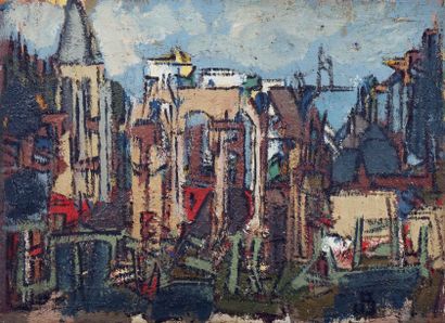 Jean BESNARD (1922-2007) Composition: la tour au toit bleu
Huile sur panneau (aggloméré)...