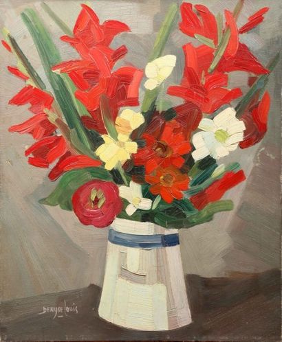 Denyse LOUIS (1913-1985) Glaïeuls rouges au pot blanc
Huile sur toile signée en bas...