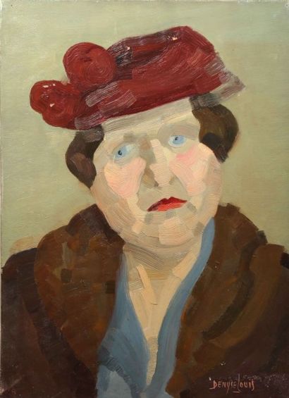 Denyse LOUIS (1913-1985) Portrait de femme au manteau de vison et au bibi rouge
Huile...