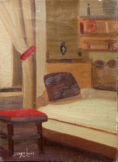 Denyse LOUIS (1913-1985) La cheminée et, la chambre
Deux huiles sur toile signées.
24...
