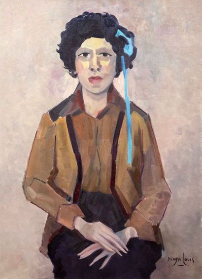 Denyse LOUIS (1913-1985) Le ruban bleu ou portrait de Julia
Huile sur toile signée...