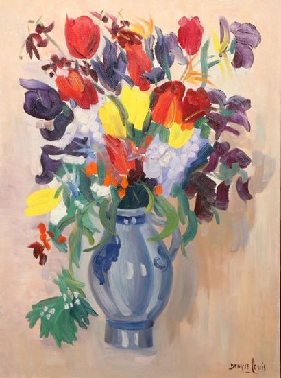 Denyse LOUIS (1913-1985) Iris et tulipes au pot de grès
Huile sur toile signée en...