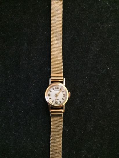 null Petite montre de poignet de dame en or jaune 18K, bracelet souple. Cadran signé...