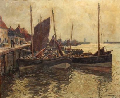 Eduard SCHLOEMAN (1888 - 1940) Bâteaux de pêche à quai Huile sur toile Signée en...