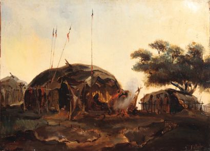 Victor-Paul MOHN (1842 - 1911). attribué à Le campement Sioux Huile sur papier marouflée...
