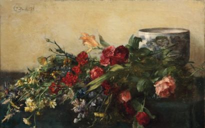 Victor FONTAINE (1837 - 1884) Fleurs et vase sur un entablement Huile sur table Signée...