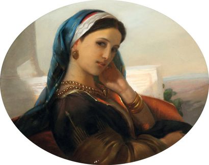 D. MORELLI (XIXème siècle) Portrait d'orientale Pastel ovale Signé en bas vers la...
