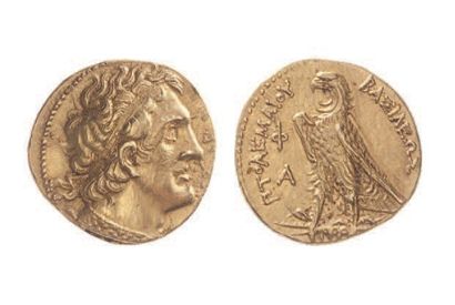 null EGYPE, Ptolémée II (285-246).
Pentadrachme d'or (17,80 g.) au buste diadémé...