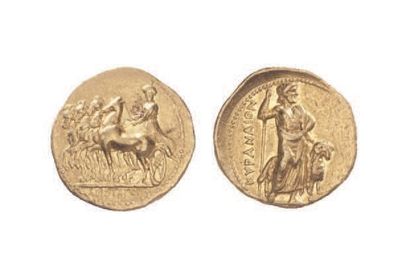 null CYRENAÏQUE, Cyrène (400-331).
Statère d'or (8,53 g.) au quadrige conduit par...