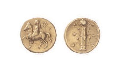 null CYRENAÏQUE, Cyrène (308-277).
Tétrobole d'or (2,78 g.) au jeune cavalier à d.,...