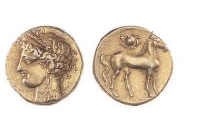 null ZEUGITANE, Carthage (264-241).
Trihémistatère d'electrum (10,44 g.) à la tête...