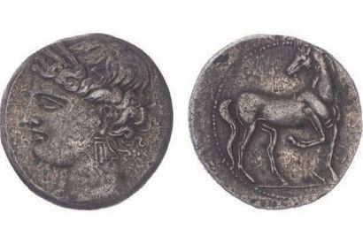 null ZEUGITANE, Carthage (230-220).
Trihémishekel de billon (8,91 g.) à la tête de...