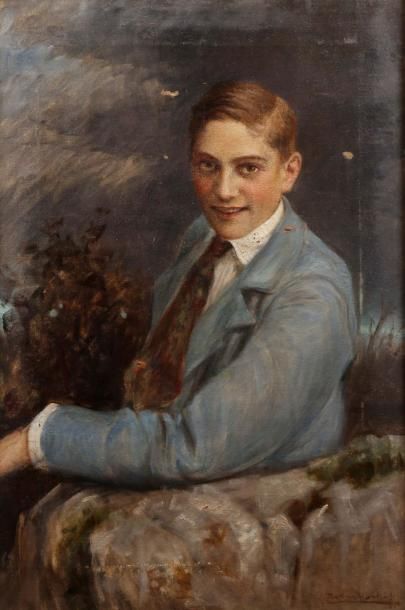 École russe du 20ème siècle Portrait de jeune homme à la veste bleue
Huile sur toile...