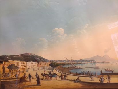 École italienne dans le goût du 19ème siècle La baie de Naples, scène animée Gouache...