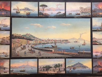 École italienne dans le goût du 19ème siècle La baie de Naples, scène animée Gouache...