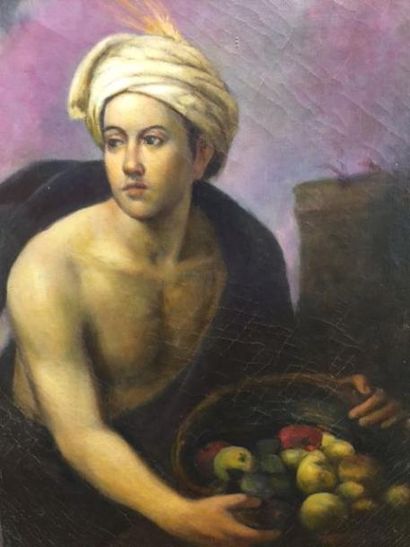 Ecole Napolitaine Portrait de jeune homme au turban et à la coupe de fruits
Huile...