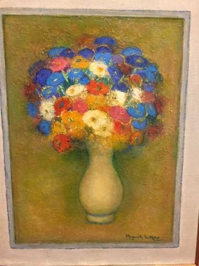 Marguerite du MAY (XX) Bouquet de fleurs bleues
Huile sur toile signée en bas à droite,...
