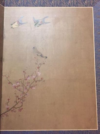 null Deux paravents à 2 feuilles à décor polychrome peint de volatiles sur papier.
Japon,...