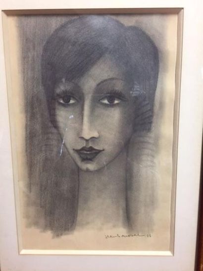 Jean SAUSSAC (1922-2005) Portrait de femme au long cou Crayon sur papier signé en...