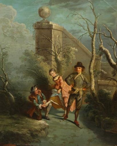 École Française, Suite de Nicolas LANCRET (1690 - 1743) "Élégants jardiniers près...