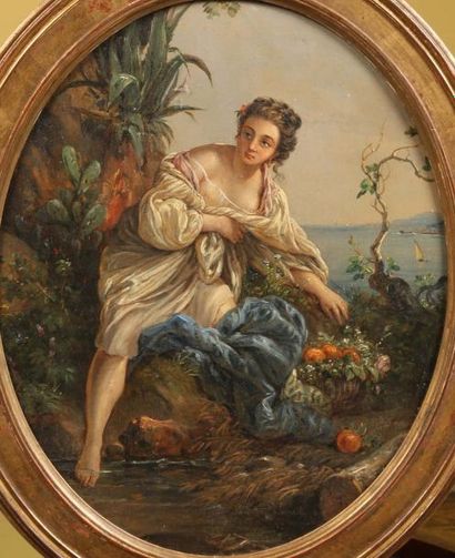 Dans dans le goût du 18ème siècle Jeune fille aux bains devant la baie de Naples.
Peinture...