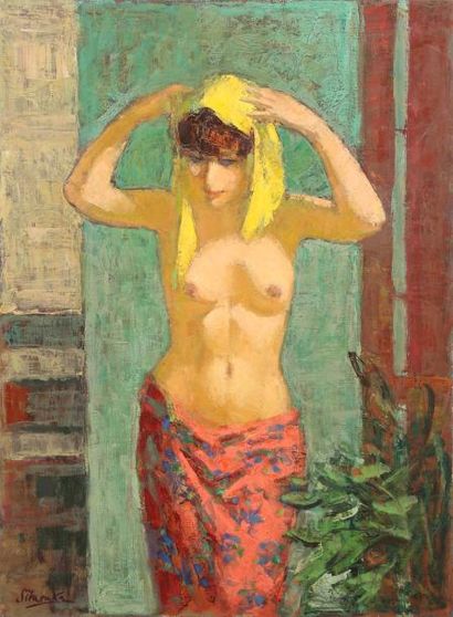 Georges SIMONKA (1916-2001) 
Jeune femme au foulard jaune
Huile sur toile signée...