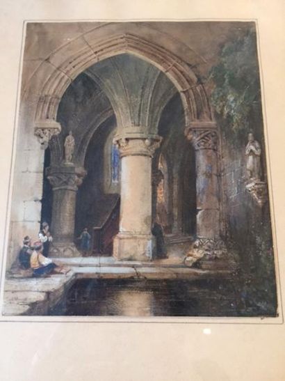 Paul Martin, 1830-1903 
Caprice, vue d'architecture gothique. Aquarelle et rehauts...
