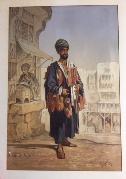 Amadéo PREZIOSI (1816-1882) 
Scène de vie au Caire, le marchand de babouches
Lithographie...