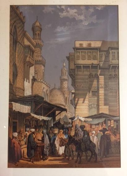 Amadéo PREZIOSI (1816-1882) 
Scène de vie au Souk Khan Al-Khalali au Caire
Lithographie...