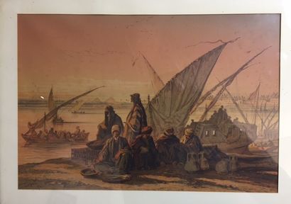 Amadéo PREZIOSI (1816-1882) 
Les barques sur le Nil au Caire
Lithographie signée...