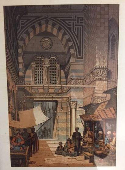 Amadéo PREZIOSI (1816-1882) 
Scène de vie au Souk Khan Al-Khalali au Caire
Lithographie...