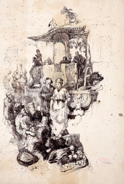 Félix ZIEM (1821-1911) 
Scène de vie en Russie
Encre sur papier
22 x 15 cm
Porte...