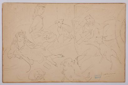 Jules PASCIN (1885-1930) 
Scène de bordel, 3 femmes et 5 chiens dans un intérieur
Dessin...