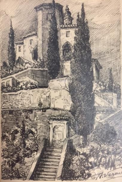 A. VERONES, 19/20ème siècle 
Dessin à la plume encre de Chine
Villa en Italie, signé...