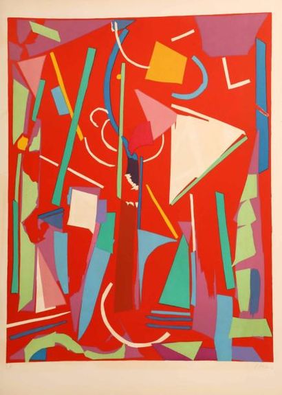 André LANSKOY (1902-1976) 
Composition fond rouge avec triangle blanc
Lithographie...
